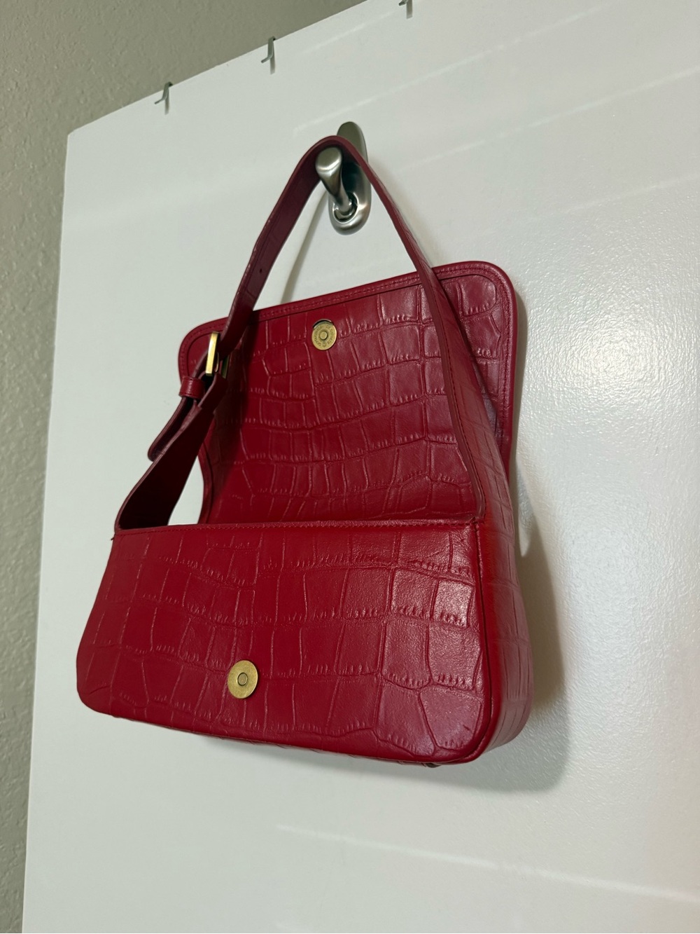 Karl Lagerfeld Red Croc-Embossed Shoulder Bag with Gold Accent - Picture 5 of 7